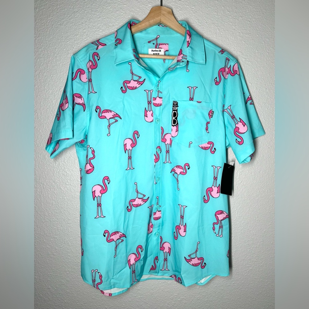 NWT Hurley Men’s Button Up Shirt Turquoise Flamingo Tropical Hawaiian Size M